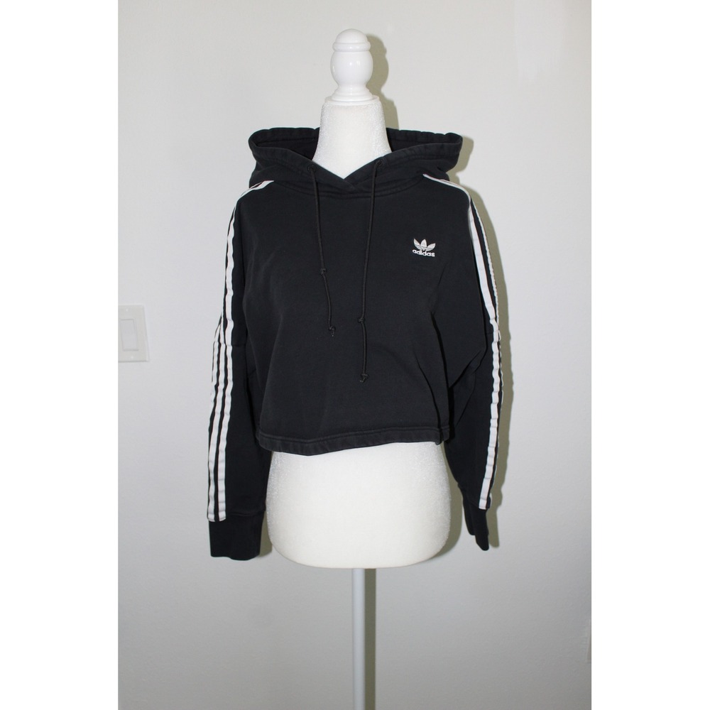 Adidas Originals Women's Black 3-Stripe Cropped Hoodie Trefoil Logo XS Y2K